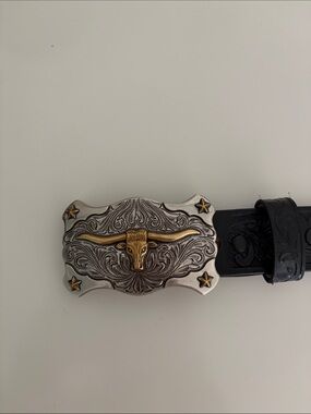 Tony Lama Western Longhorn Belt Buckle with Black Leather Belt